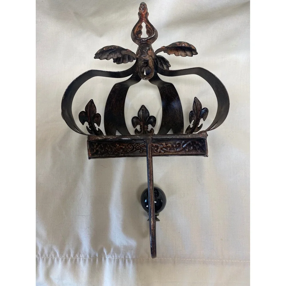 Vintage Bronze Metal Crown Wall Hook Fleur De Lis Regal Royal Decor 11in